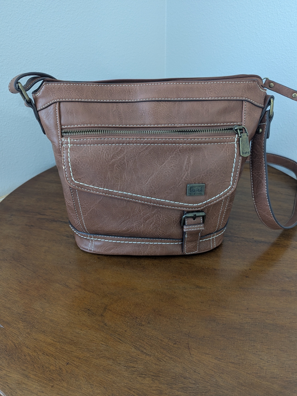 BOC Brown Messenger Crossbody with White Contrast Stitching